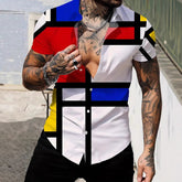 Men's New Geometric Line Style Printing Lapel Short Sleeve Shirt